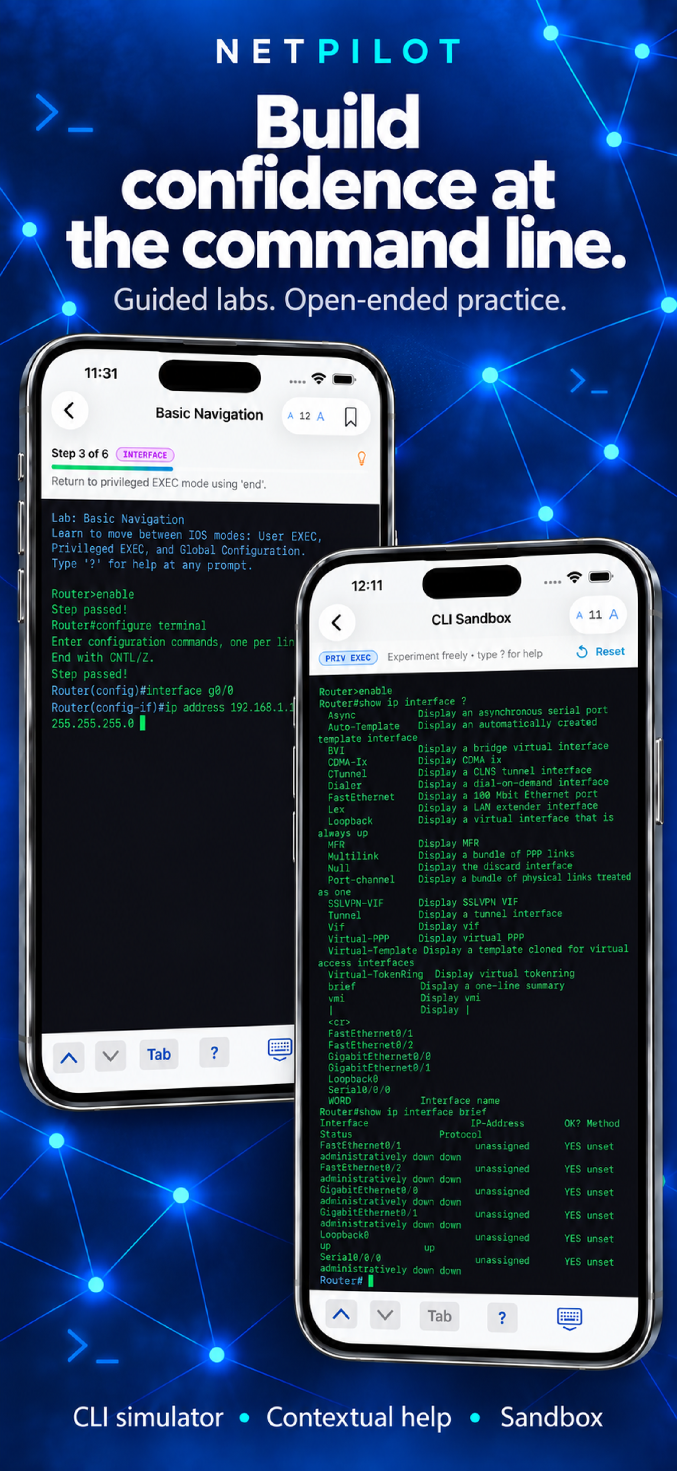 NetPilot CLI Simulator terminal on iPhone