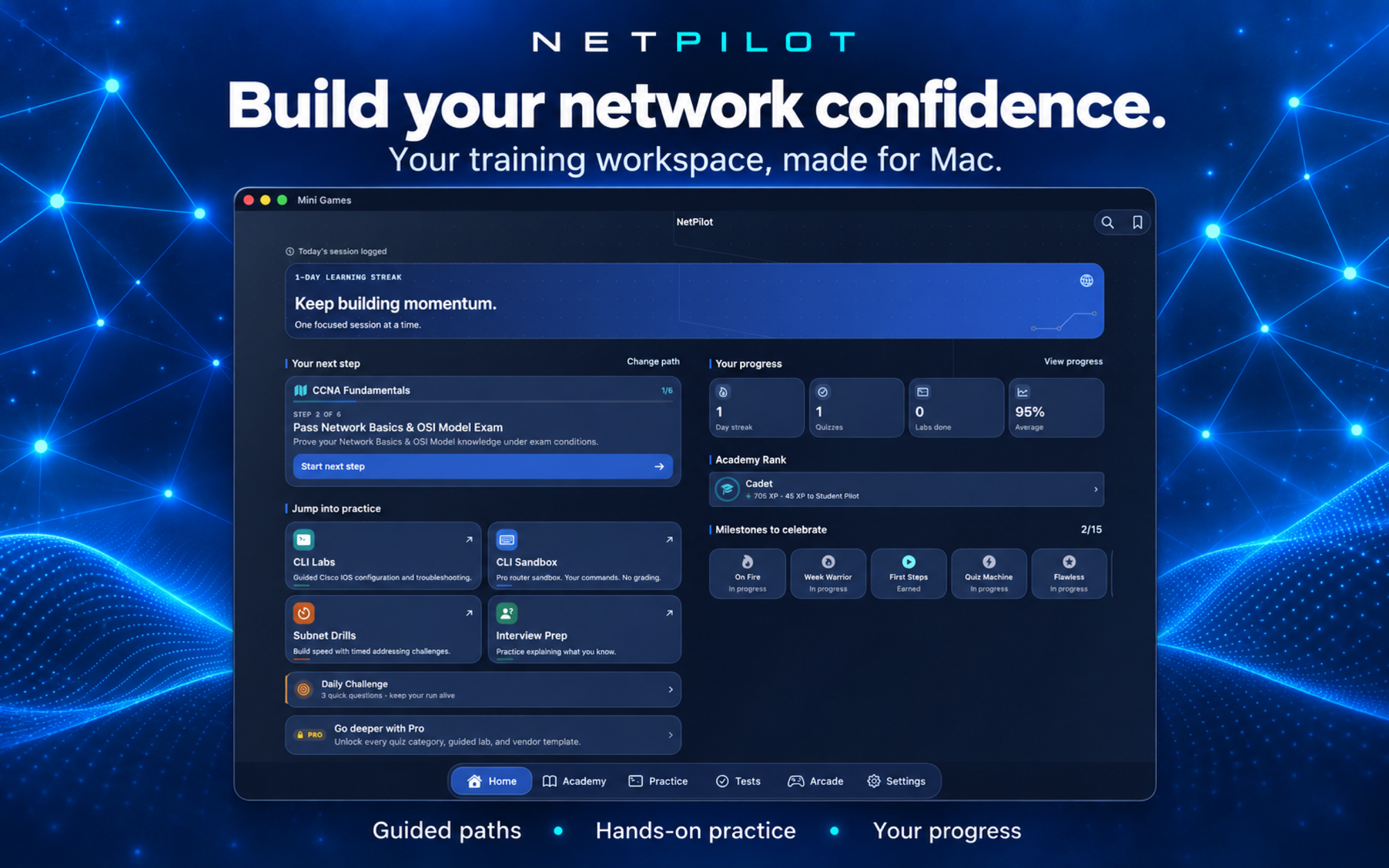 NetPilot Academy home screen running on Mac