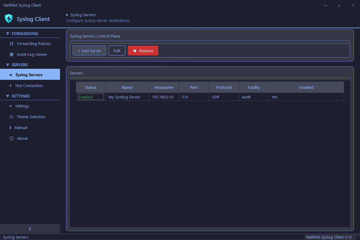 Syslog Server Management view 3